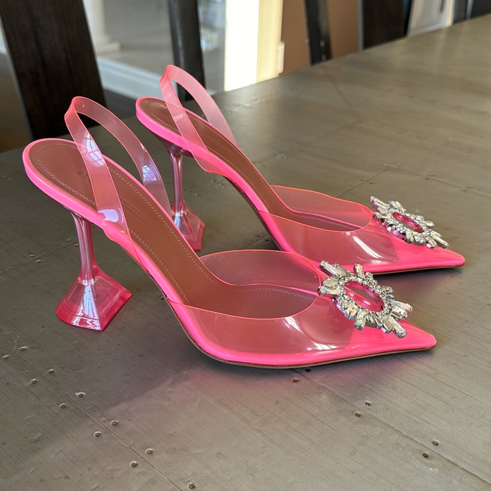 Amina Muaddi bubble gum pink Barbie pink ovc crystal sling back stiletto Sz 38.5